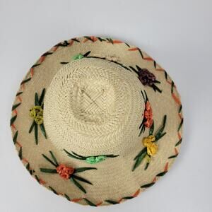 Raffia Floral Embellished Flat Brim Summer Sun Hat Cream Straw Multicolor